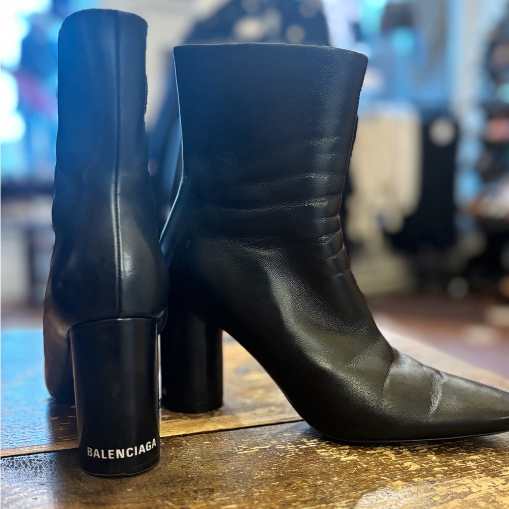 Balenciaga Black Leather Logo Heeled Ankle Boots